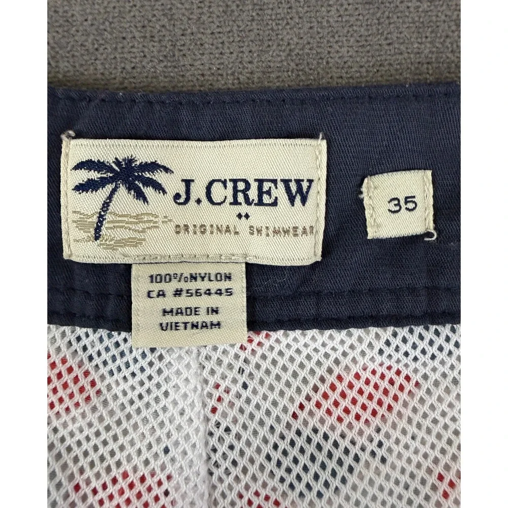 J. Crew Swim Trunks Mens Size 35 Fish Print Navy Blue Drawstring Board Shorts